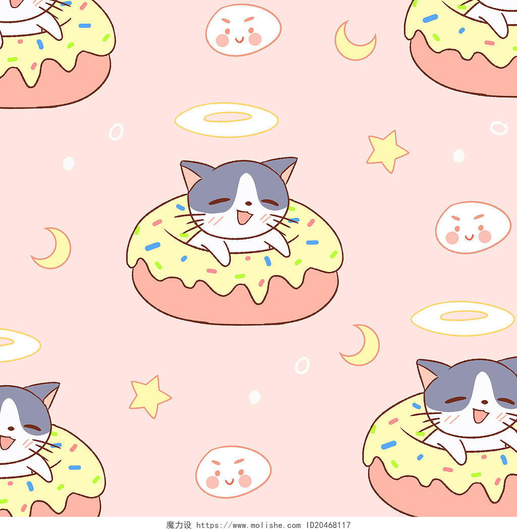 卡通手绘甜品甜甜圈素材甜甜圈和可爱猫咪元素底纹